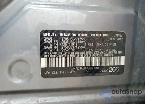 2018 Mitsubishi Outlander Se from USA, damaged, VIN JA4AD3A38JZ030681